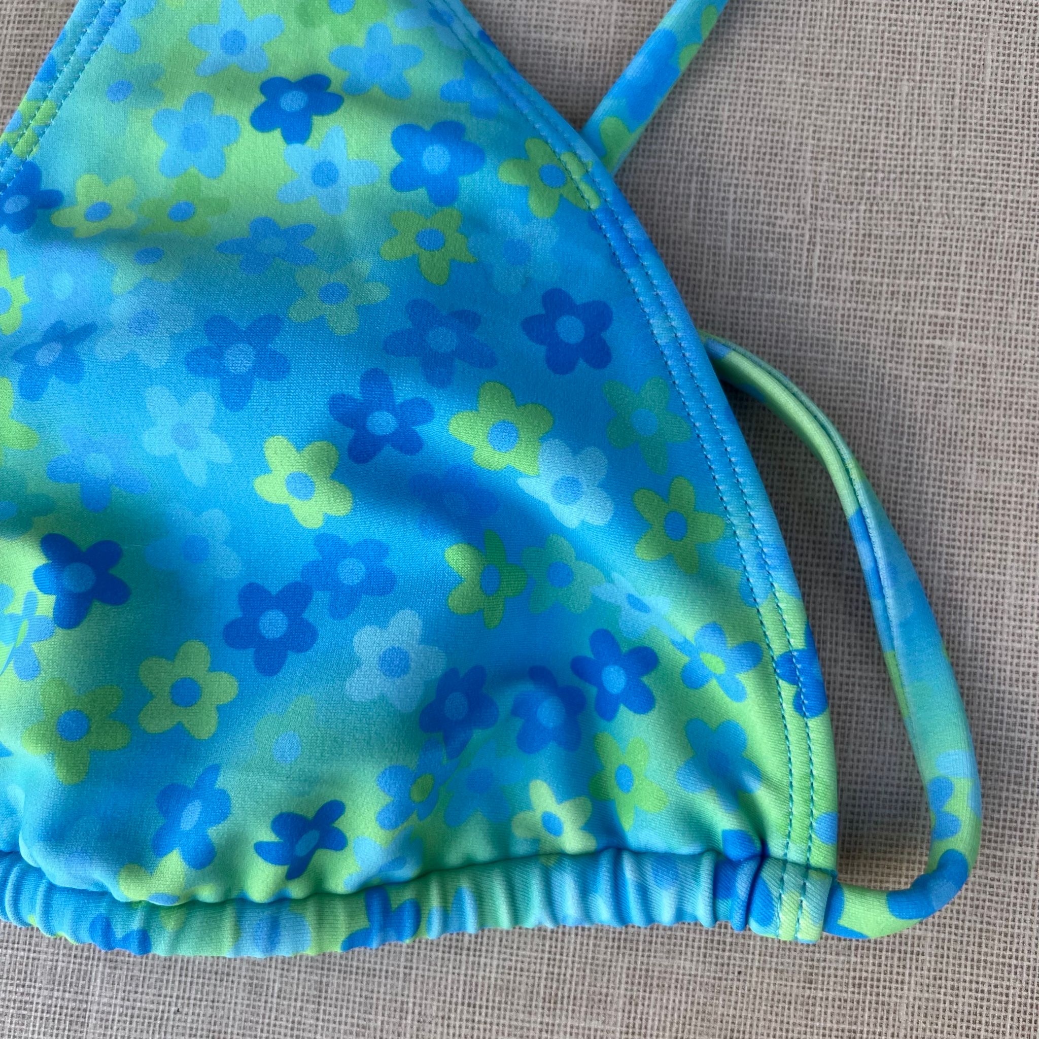  Blue and Green Floral Print Triangle Bikini Top_1