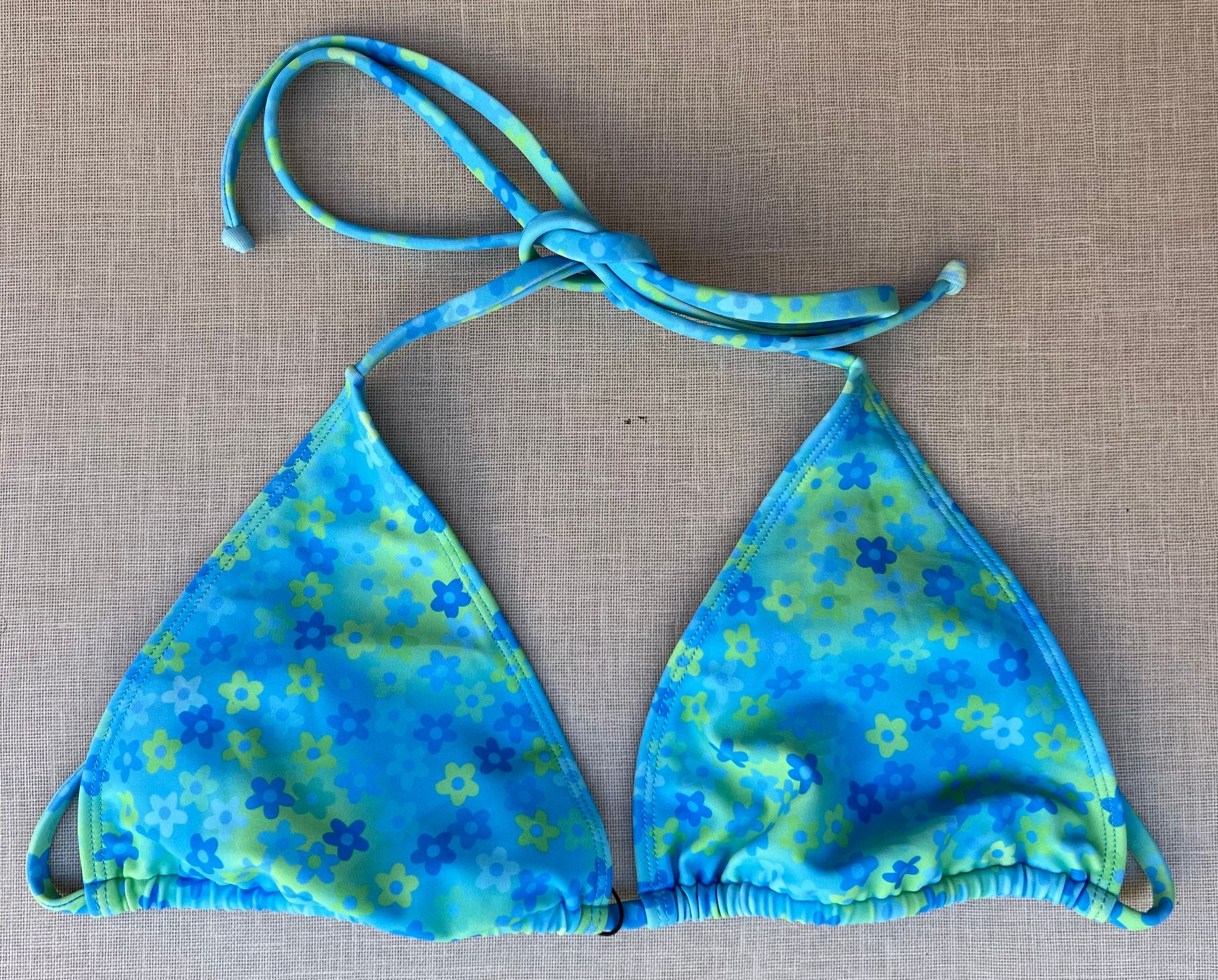  Blue and Green Floral Print Triangle Bikini Top_0
