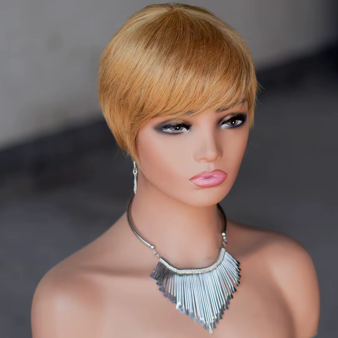Pixie Cut Human Hair Wig Short Straight Golden Blonde Layered Full Machine Made Wig 100% Remy Human Hair for Black Women Natural_4