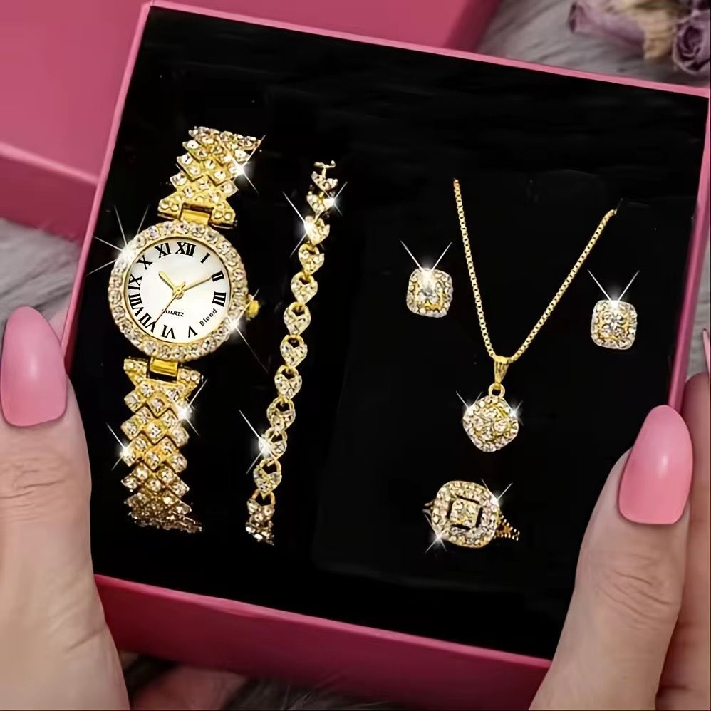 Women's Luxury Women's Watch Five Piece Bracelet Set, Fashionable Quartz Watch, Elegant Rhinestone Glass Accessory_2