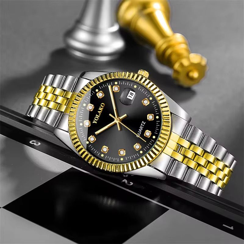 Luxury Golden Stainless Steel Calendar Wrist Watches Men Steel Band Quartz Movement Watch_3