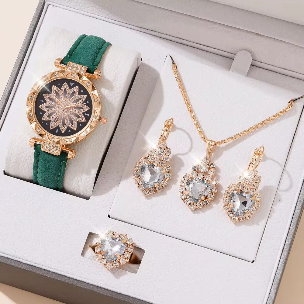 Women's 5-piece Set Zircon Fashion Set Personalized Gift Love Heart Shaped Pendant Necklace Watch Crystal Jewelry Set for Women _3