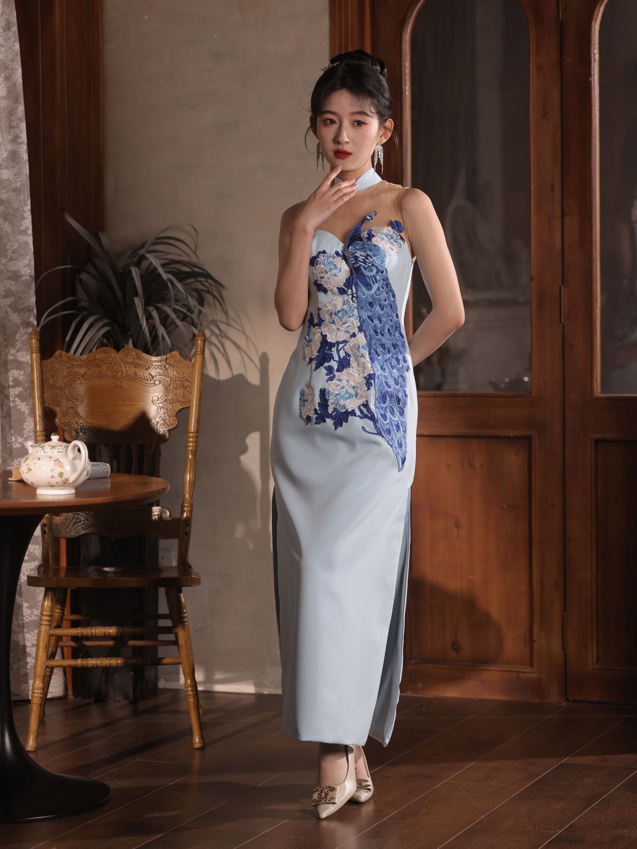 Folklore Cheongsam in Sky Blue with Peacock _3
