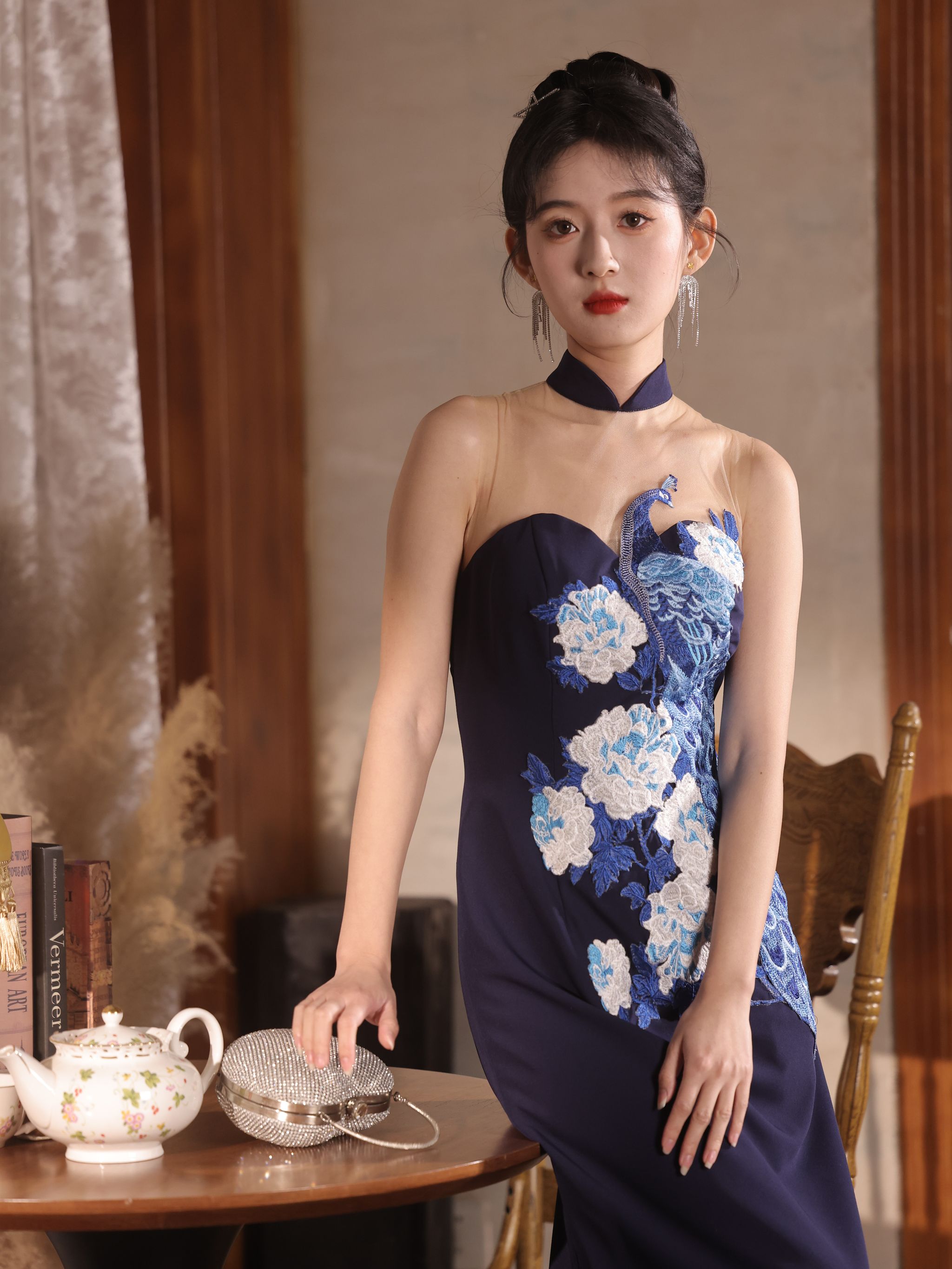 Folklore Cheongsam in Midnight with Peacock _1