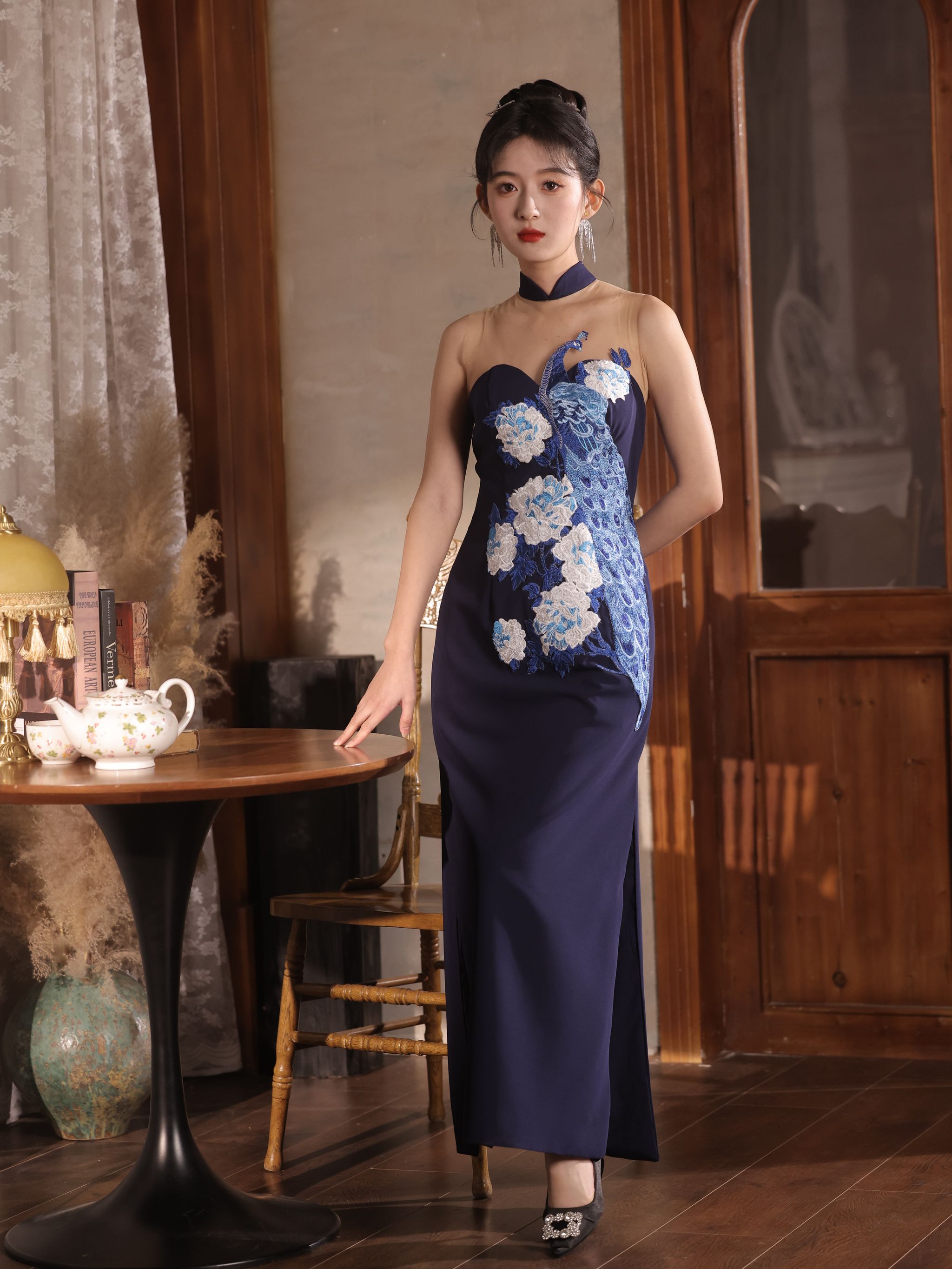 Folklore Cheongsam in Midnight with Peacock _4
