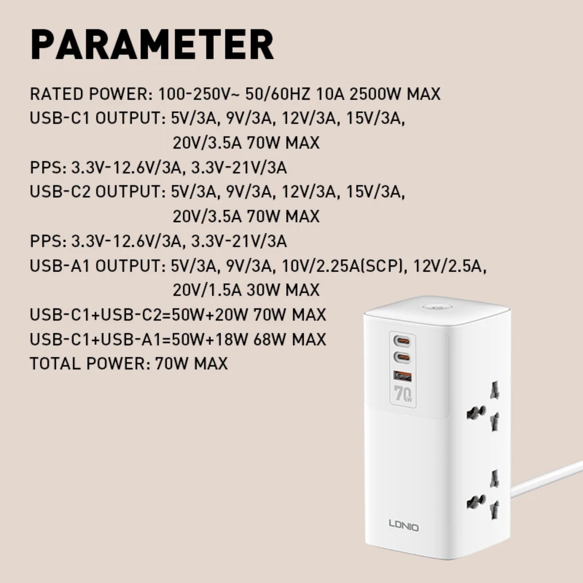 LDNIO USB Port Surge Protection Extension Cord 2500W + Charge 70W_5