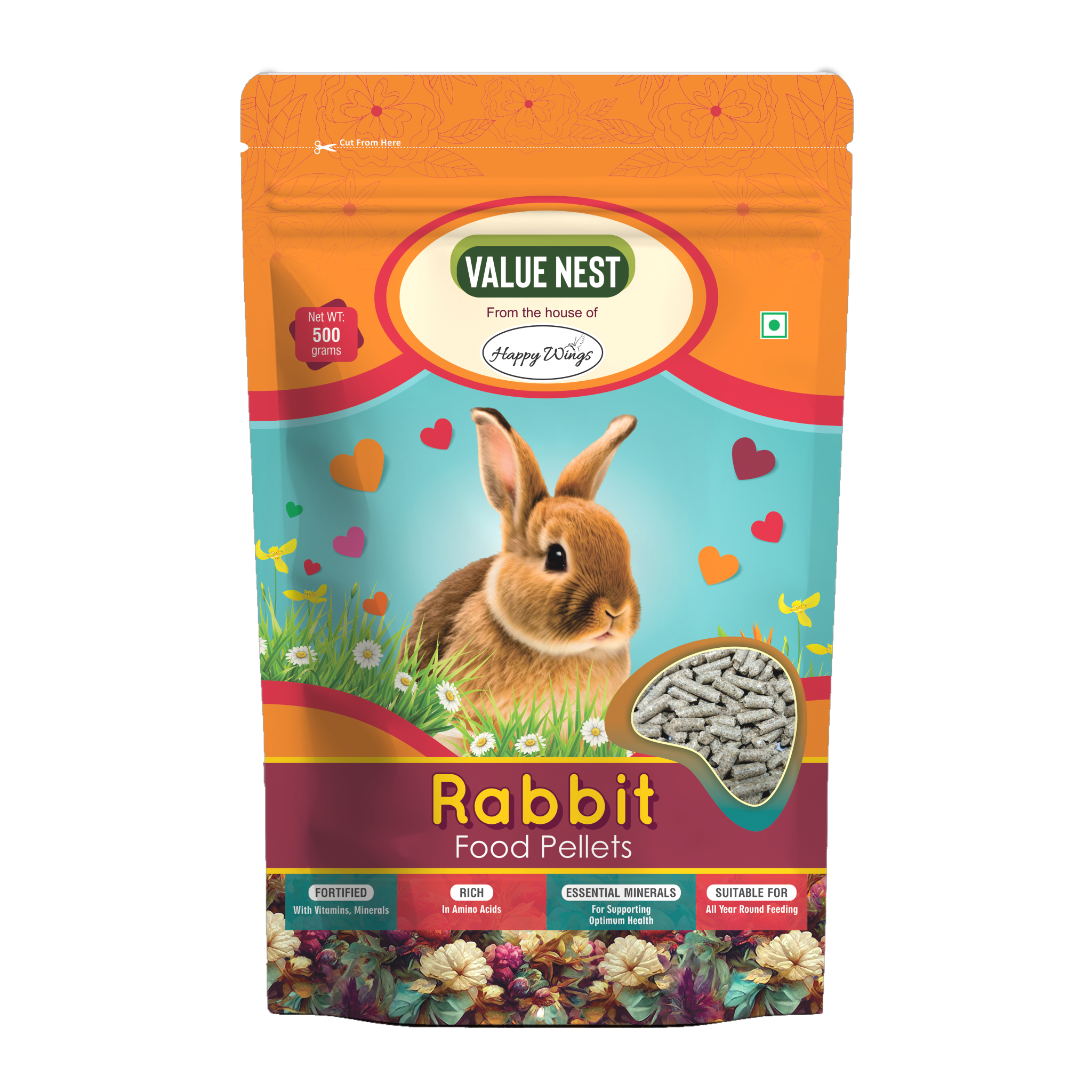 Happy Wings Adult Pellets Feed for Rabbit 500 GR_0