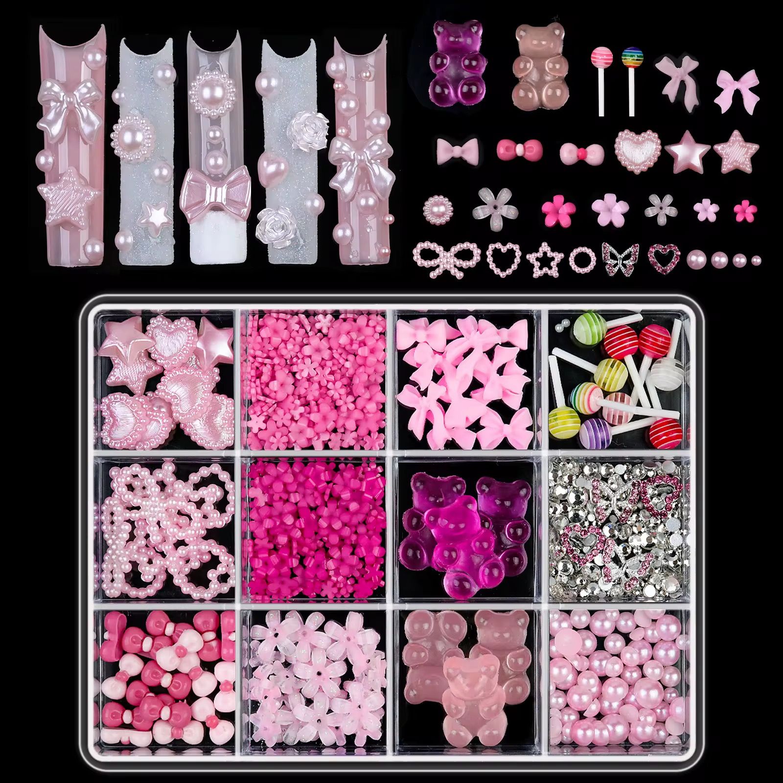 Wholesale New 12- Grid 3D Set Bow Knot Nail Decoration Cartoon Rabbit Bow Pearl Mixed Set Box Resin Nail Charms_2
