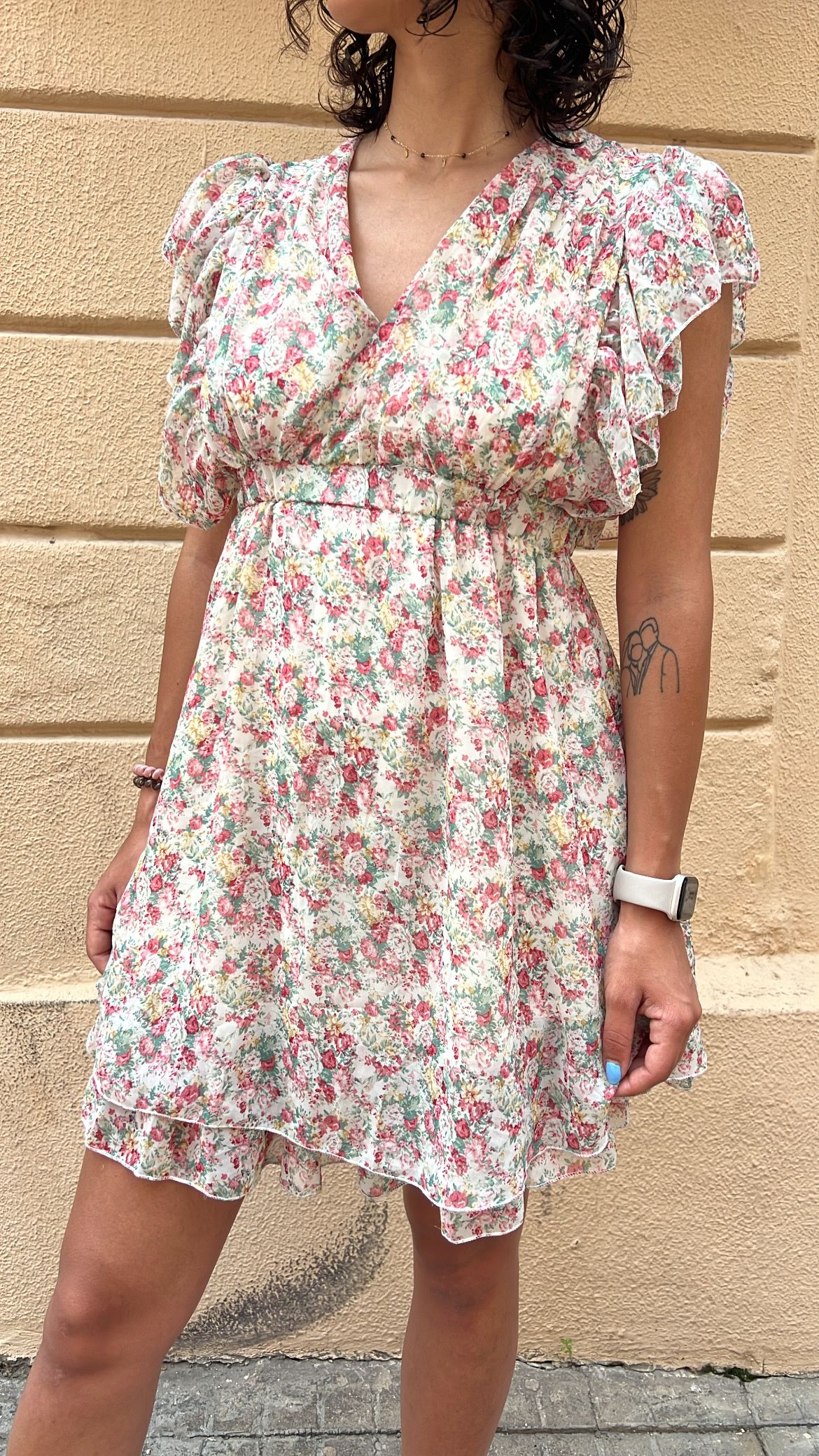Floral Print Mini Dress with Ruffle Sleeves_0