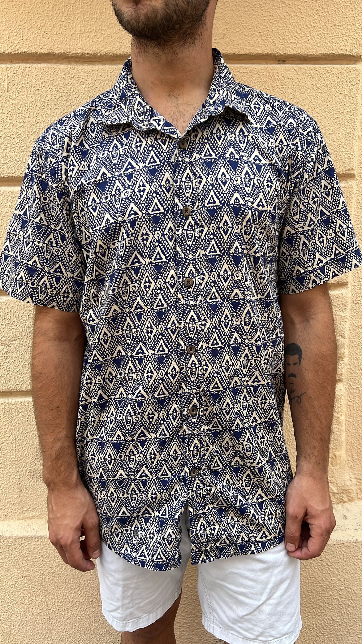 Blue and Creme Geometric Print Shirt_1