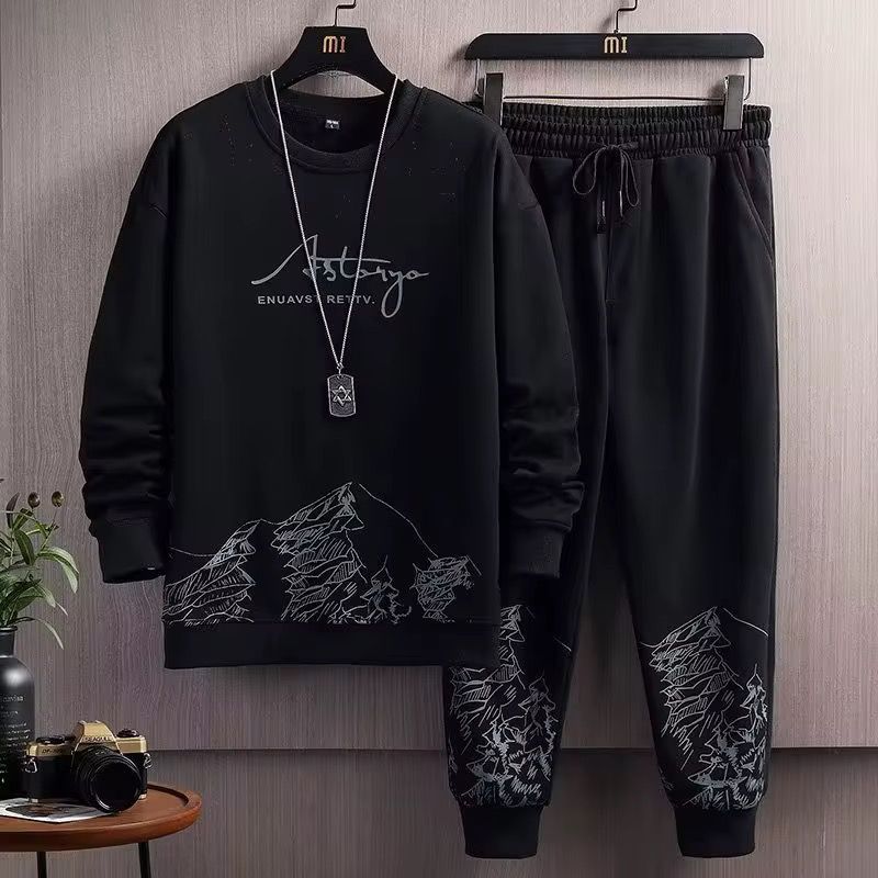 Printed Thin Type Hoodie Men's 2023 Spring and Autumn Korean Version of the New Crewneck Loose Top Chic Men's Sports Suit_2