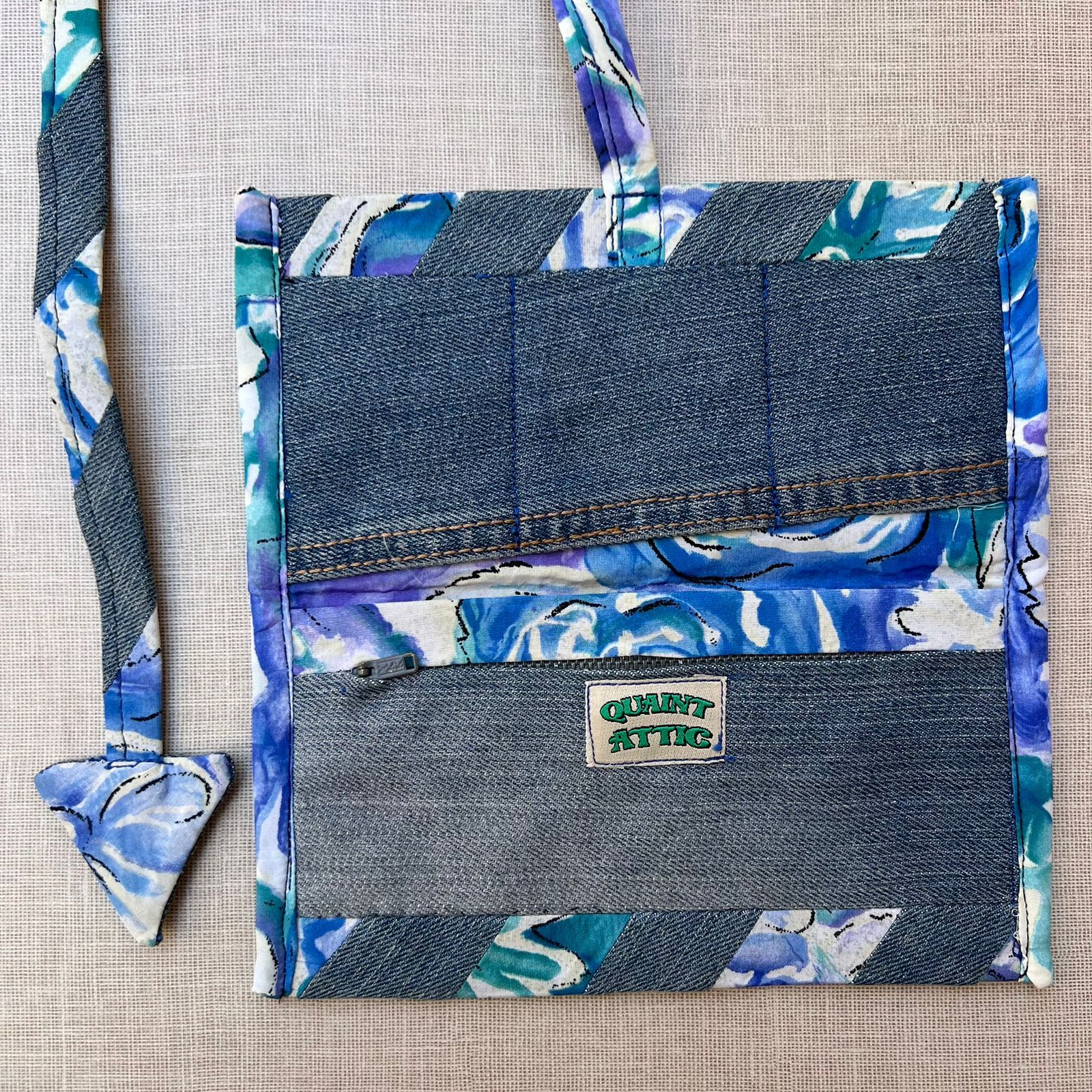 Blue Floral and Denim Patchwork Handmade Tobacco Pouch_1