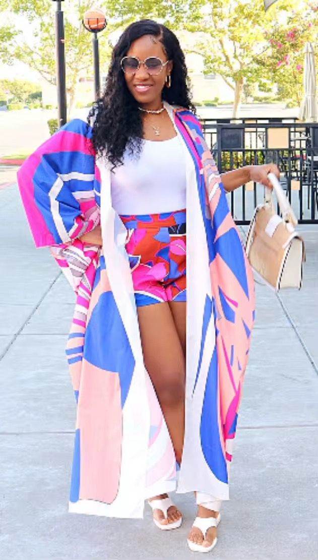6787# Hot Selling Summer Outfits for Women Holiday Loose Printing Cardigan and Shorts Set Two Piece Set Women Clothing_3