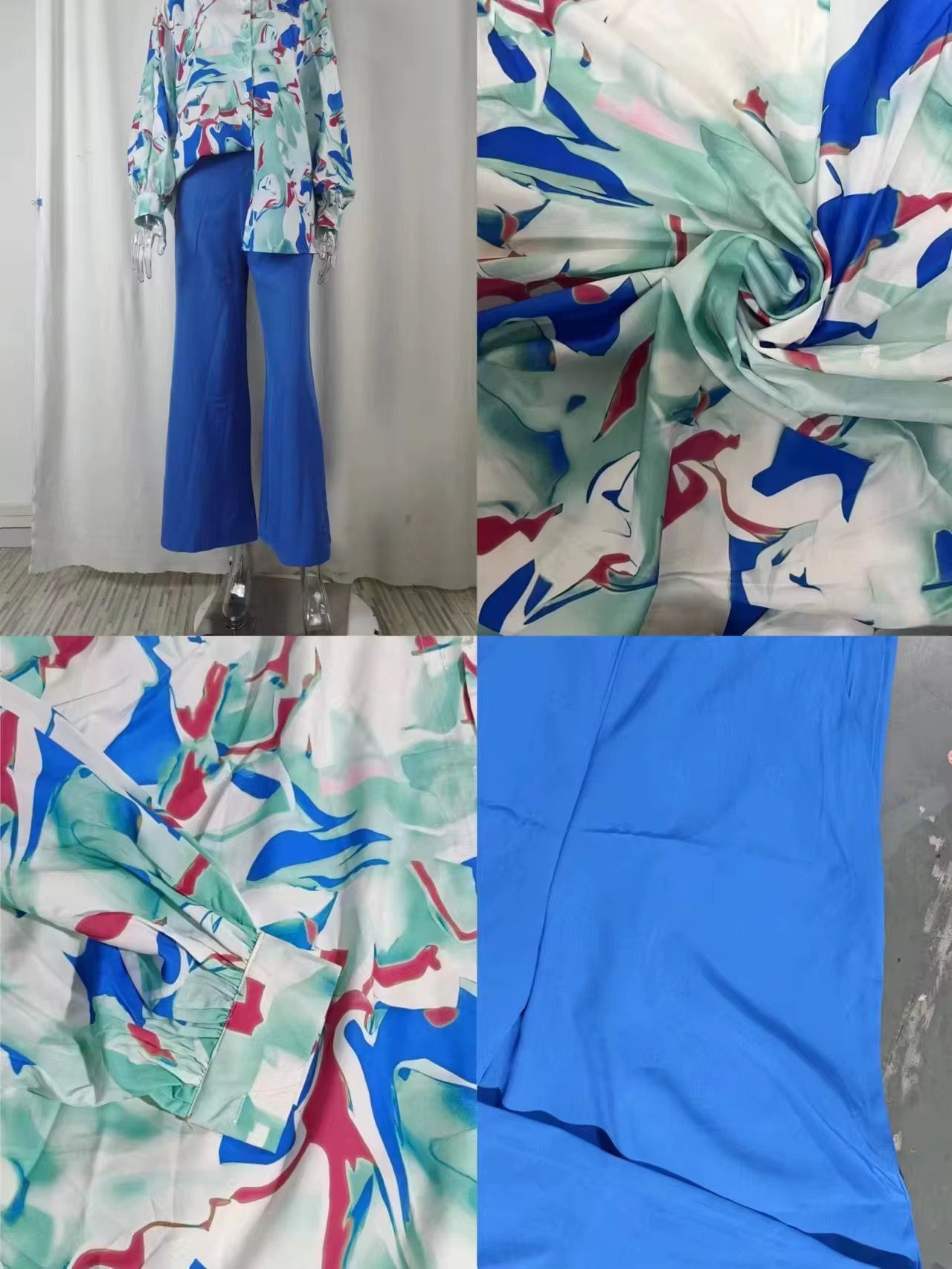 2Piece Set New 2022 Printed Casual Suit Loose Large Lapel Shirt High Waist Flare Pants Two Piece Set_4