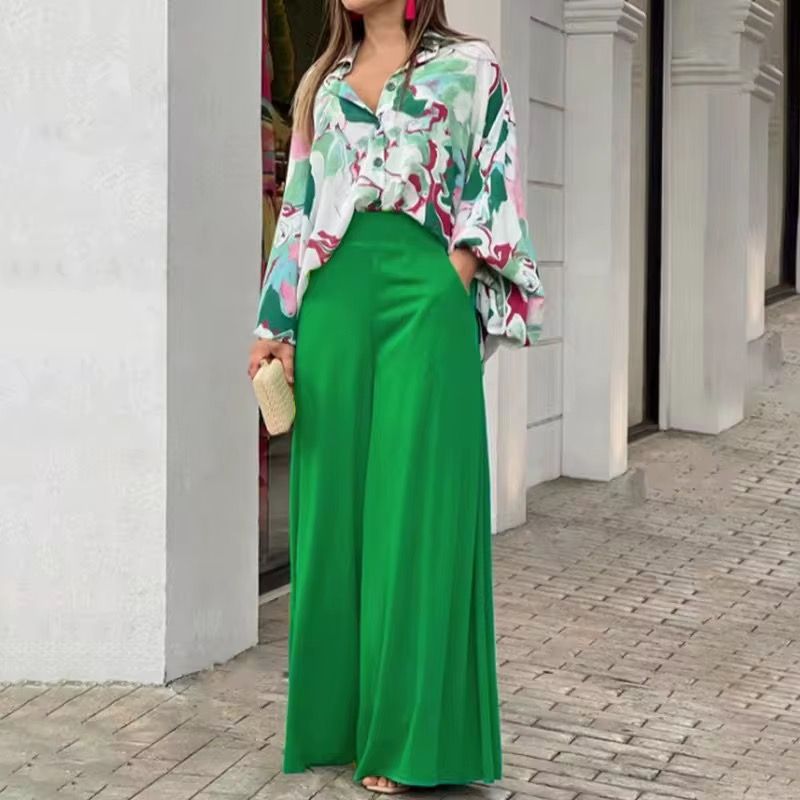 2Piece Set New 2022 Printed Casual Suit Loose Large Lapel Shirt High Waist Flare Pants Two Piece Set_1