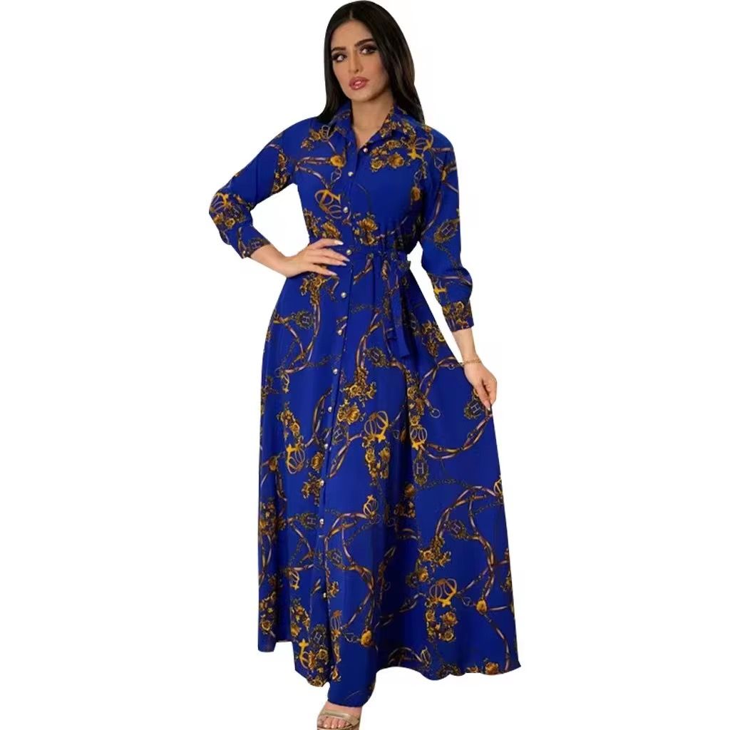 Latest Design Middle East Muslim Dress Indonesia Vintage Print Large Swing Skirt Shirt Dress Elegant Casual Dresses_3