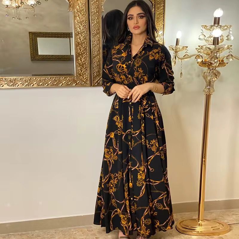 Latest Design Middle East Muslim Dress Indonesia Vintage Print Large Swing Skirt Shirt Dress Elegant Casual Dresses_2