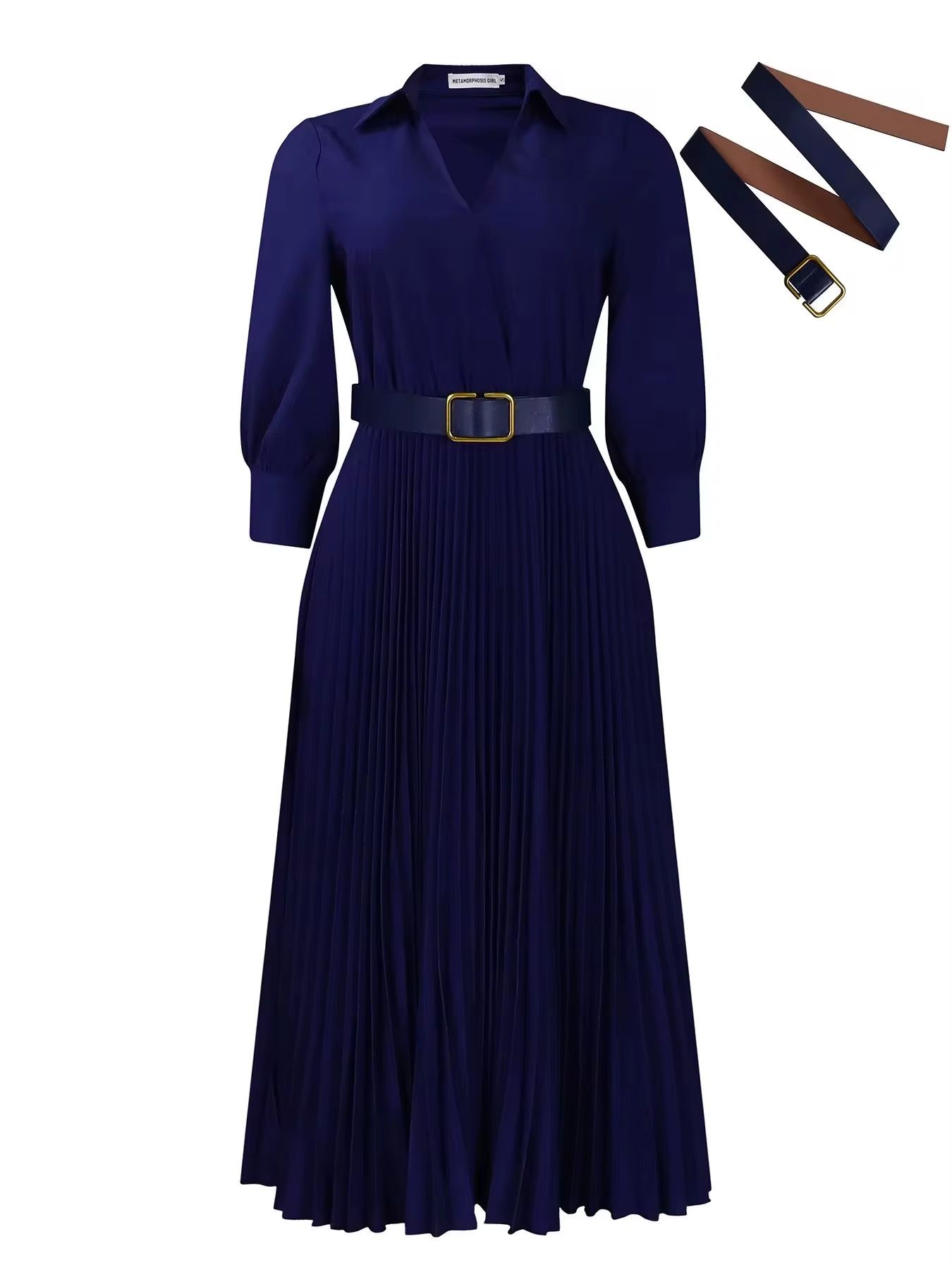 Wholesale Ladies Long Dress With Belt Women's Clothing Party Pleated Dress Long Sleeve Women's_3