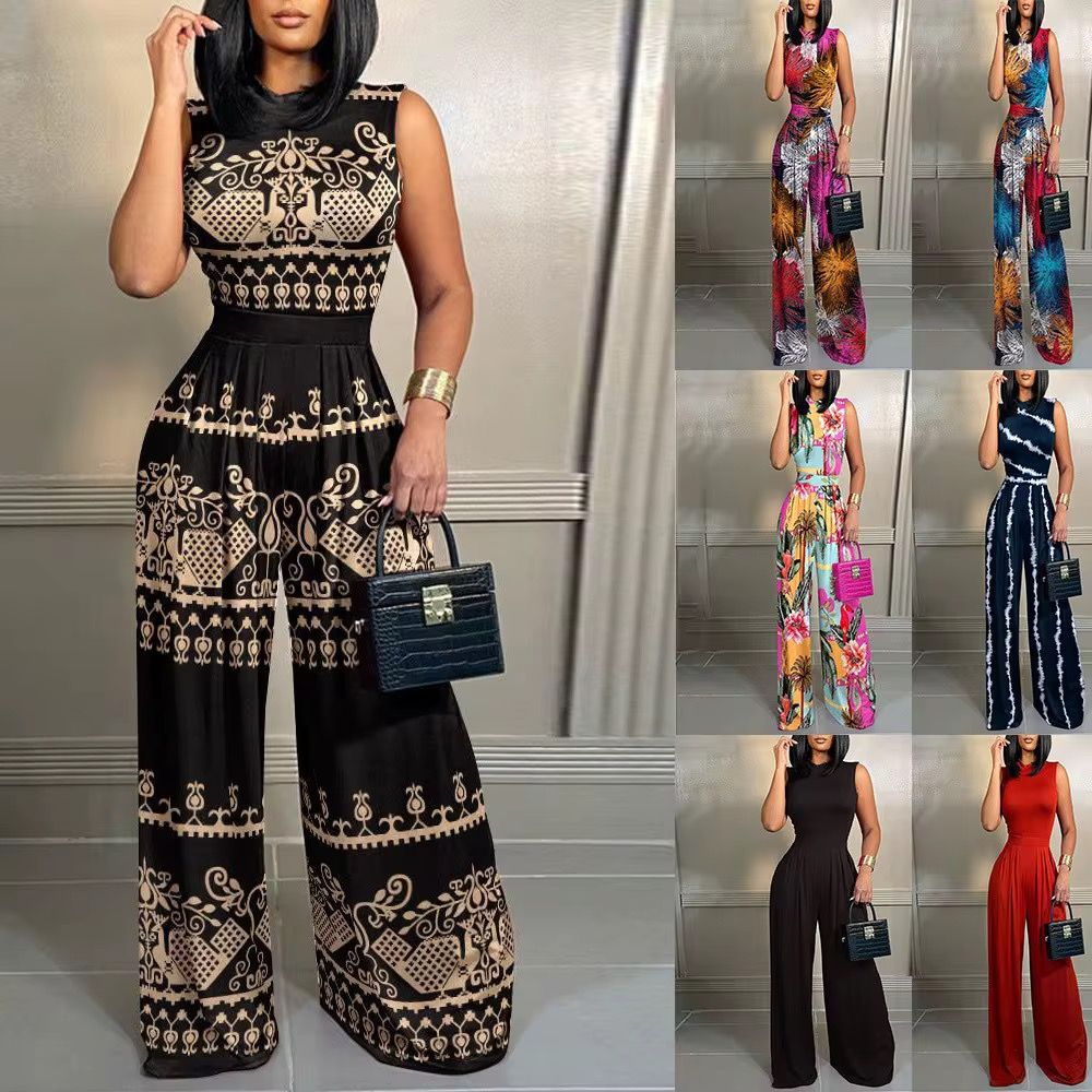 BYJ252 Hot Selling Plus Size One Piece Jumpsuit Women Slim Fit Printed Sleeveless Wide Leg Jumpsuit for Women _1