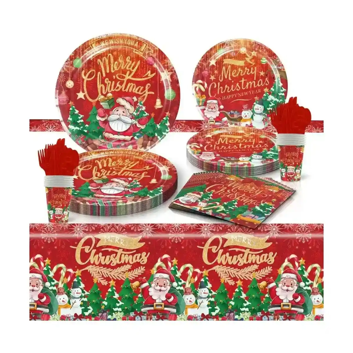 SET DE 10 PLATOS Y VASOS DESECHABLE PARA NAVIDAD 81 PZAS_0