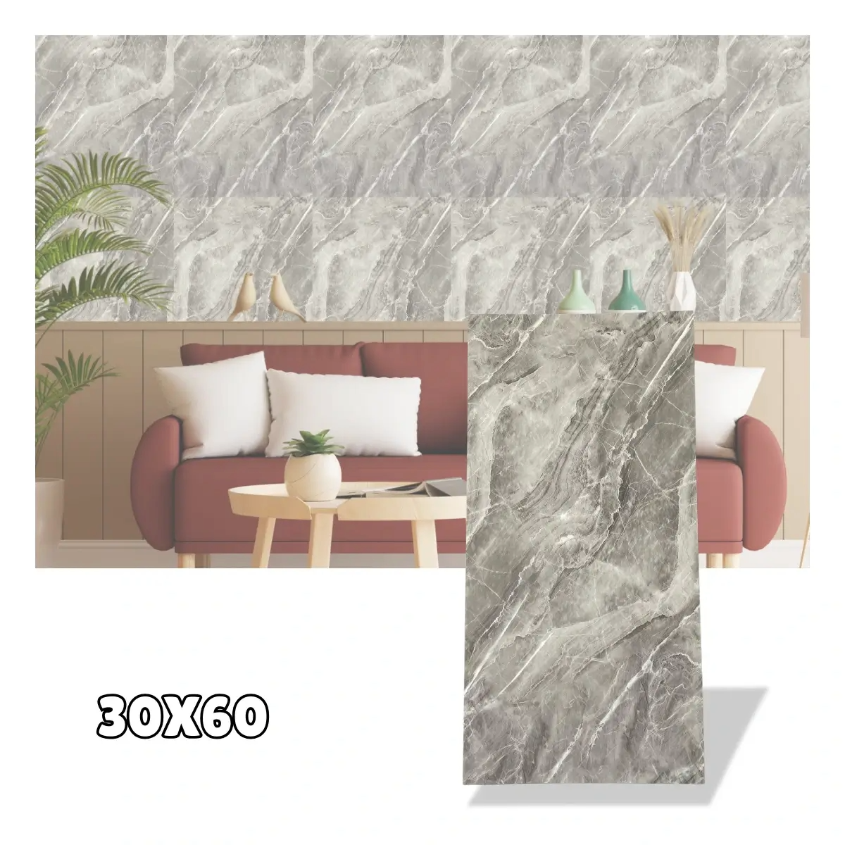 SET DE 10 LAMINAS DE RECUBR. P/PARED COLOR GRIS BASALTO 60x30 CM_1