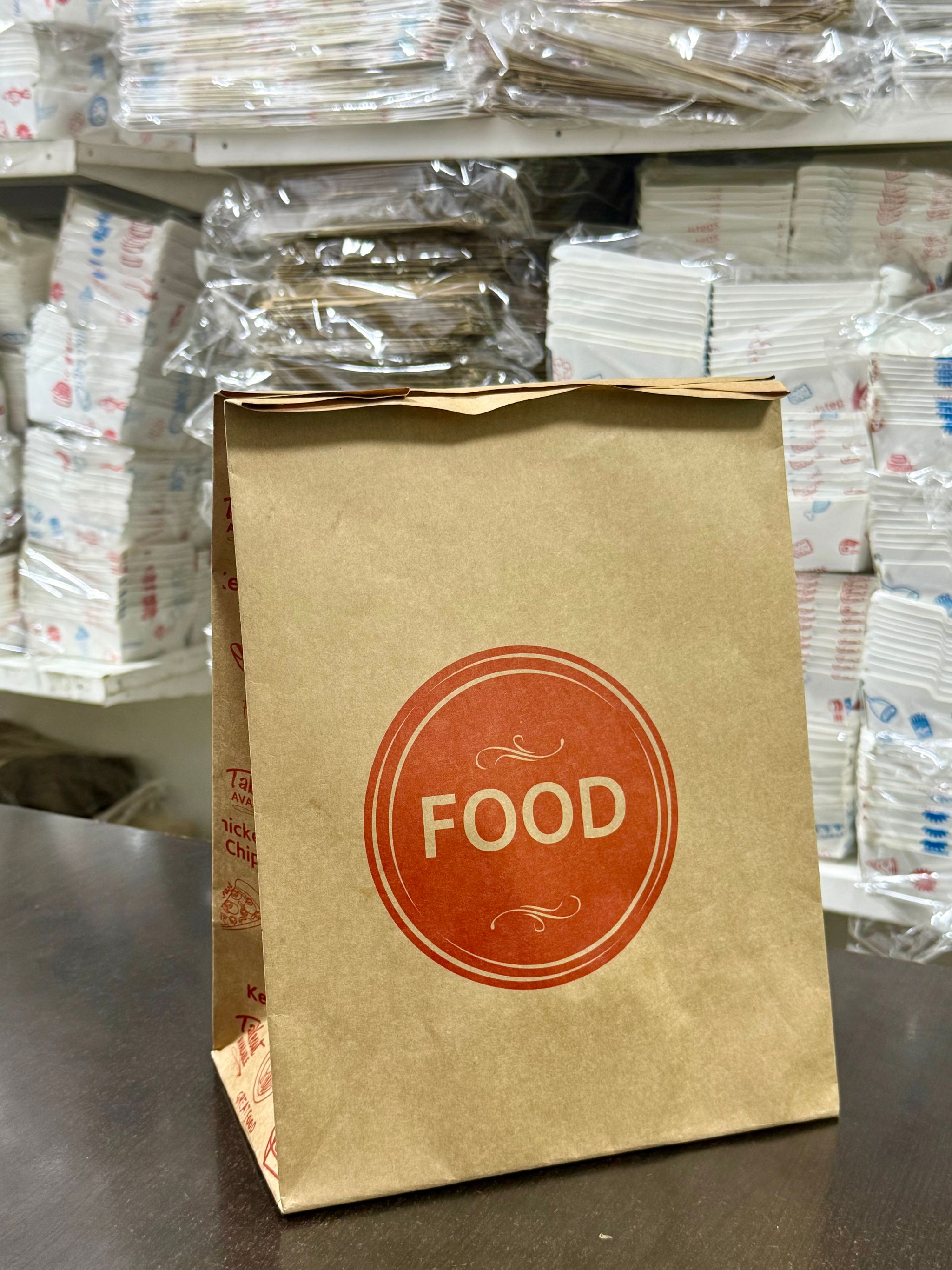DELIVERY TAKEOUT BAGS - GENERIC DESIGN / “FOOD TO GO” BROWN & RED - 2 SIZES _1