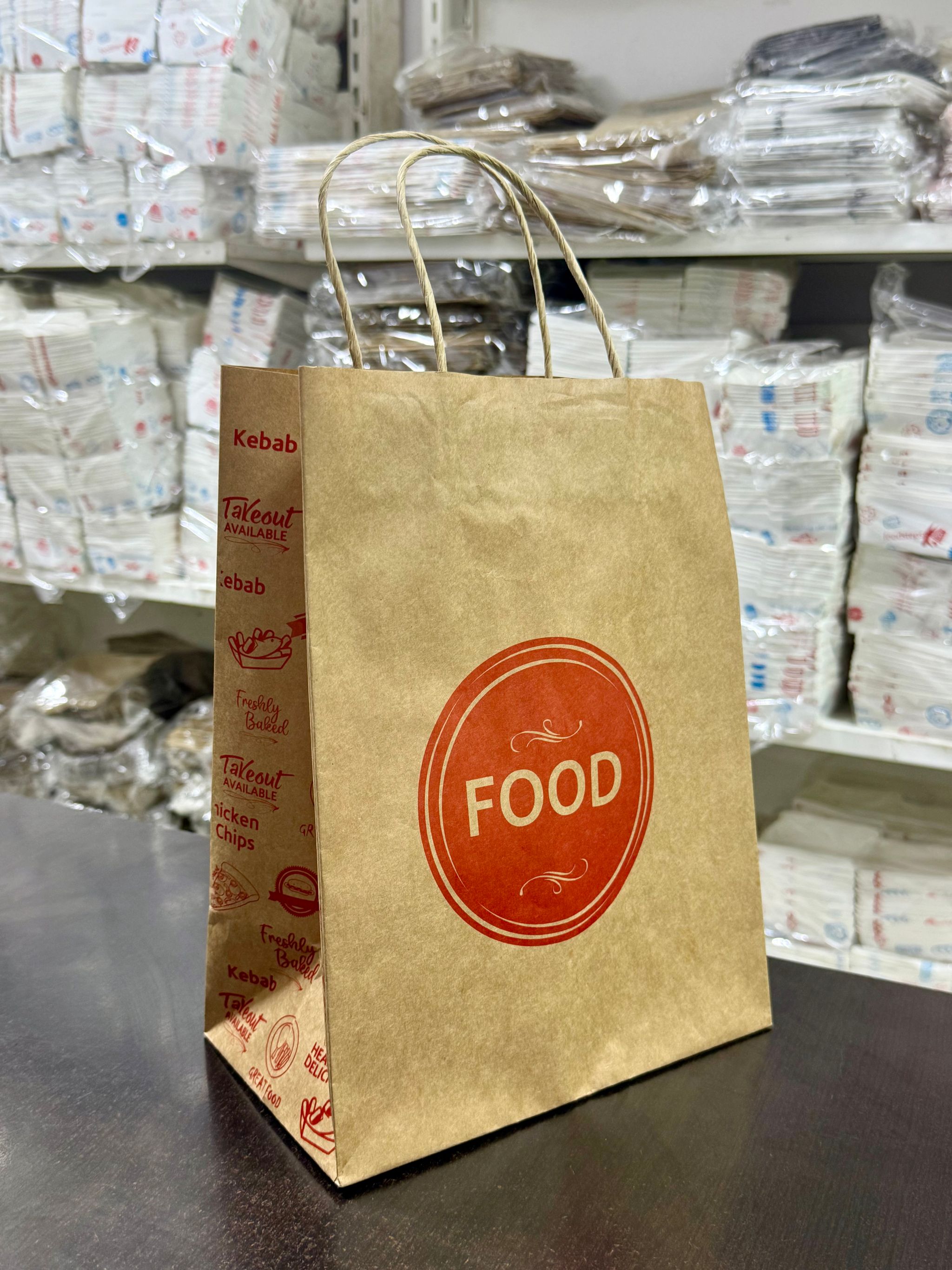 DELIVERY CARRIER BAGS - GENERIC DESIGN / “FOOD TO GO” BROWN & RED - 2 SIZES ( WITH HANDLES) _1