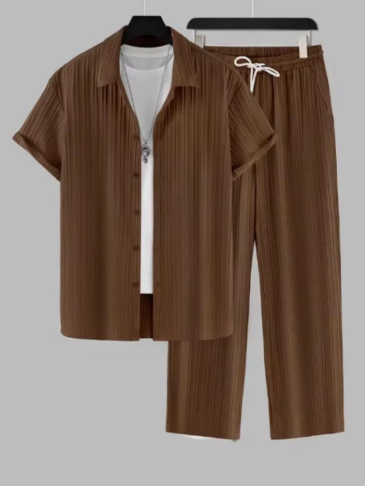 2025 Summer Men Striped 2 Piece Set Suits Short Sleeve Tops Long Pants Lapel Button Elastic Waist Trousers Tracksuit_2