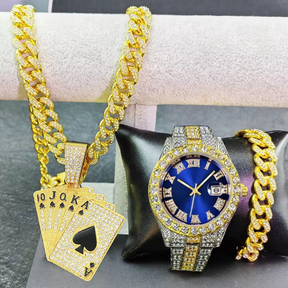 Hip Hop Quartz Watches for Men Miami Cuban Chain With Bracelet Set Playing Cards Pendant Necklace Jewelry Sets Wristwatches_1