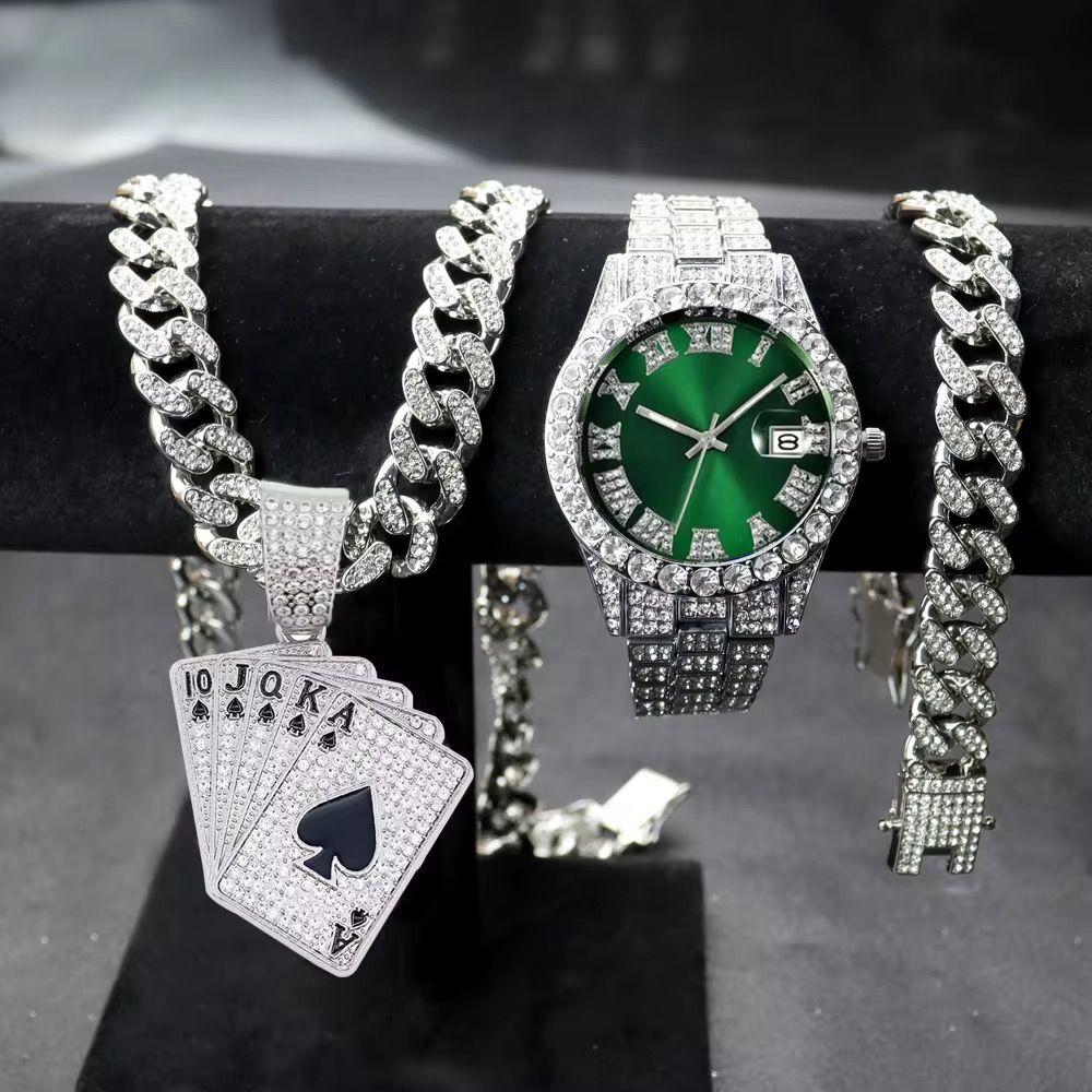 Hip Hop Quartz Watches for Men Miami Cuban Chain With Bracelet Set Playing Cards Pendant Necklace Jewelry Sets Wristwatches_2