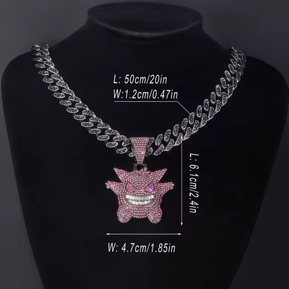 Hip Hop Bling Cartoon Ghost Charms Gengar Pendant Necklace Cuban Chain Diamond Red Eye Fun Gengar Miami Mens Jewelry Gift_2