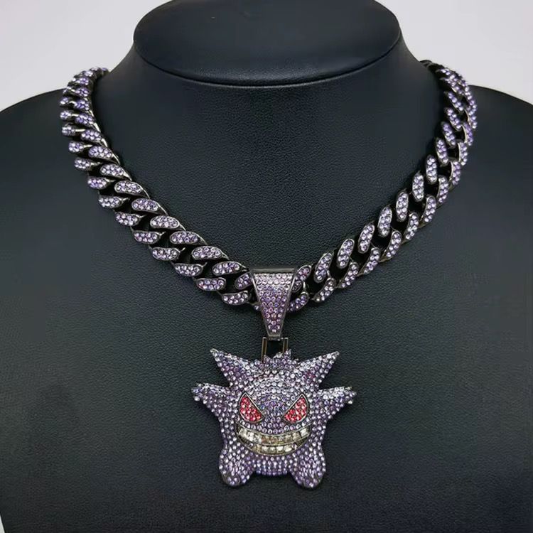 Fashion Women Long White Gold Plated Hip Hop Initial Moissanite 3d Custom Pendant Cuban Ice Link Gengar Necklace Chain Jewelry_2