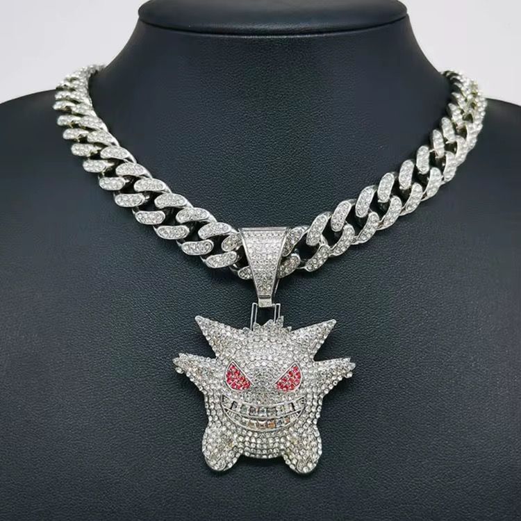 Fashion Women Long White Gold Plated Hip Hop Initial Moissanite 3d Custom Pendant Cuban Ice Link Gengar Necklace Chain Jewelry_4