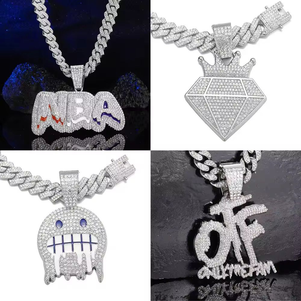 Factory Wholesale HipHop Iced Out High Quality Fashion Letter Pendant Rap Cuban Chain Necklace Set Jewelry Sets New Year Gift_4