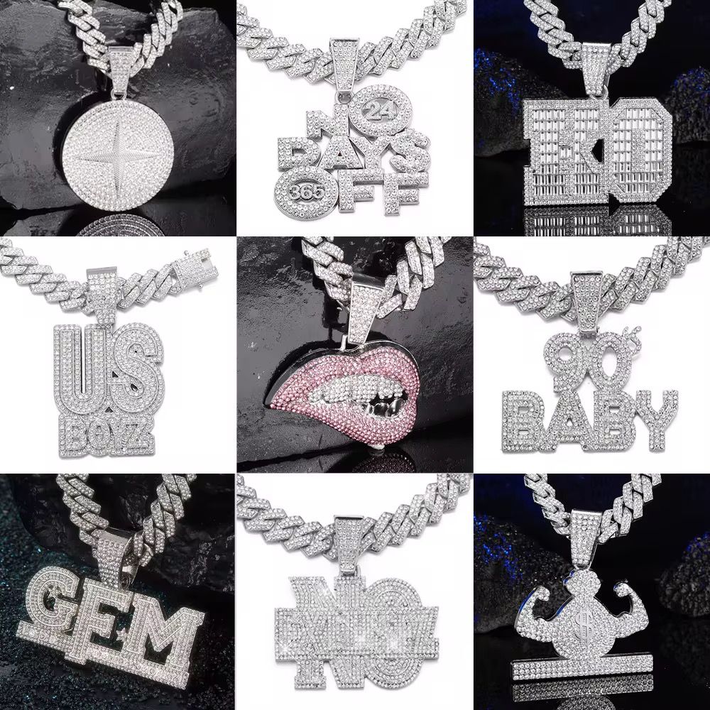 Factory Wholesale HipHop Iced Out High Quality Fashion Letter Pendant Rap Cuban Chain Necklace Set Jewelry Sets New Year Gift_3
