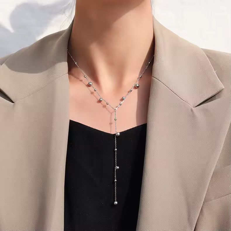 Long Tassel Women Ball Chain Necklace Stainless Steel 18k Gold Plated Minimalist Euramerican Necklaces Jewelry_3