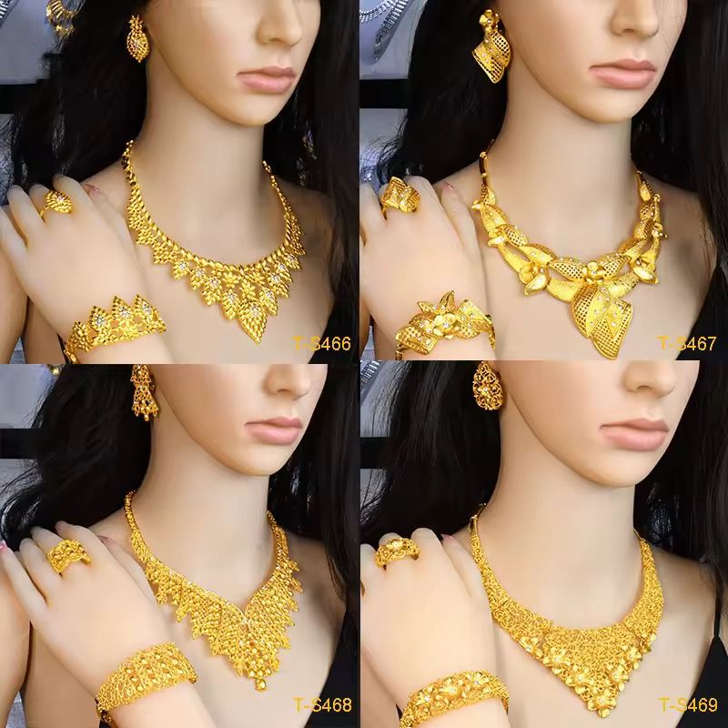 Dubai Gold Jewellery Sets African Bridal Necklace Earring Ring Bracelet Saudi Arabia Women Wedding Jewelry Set_1