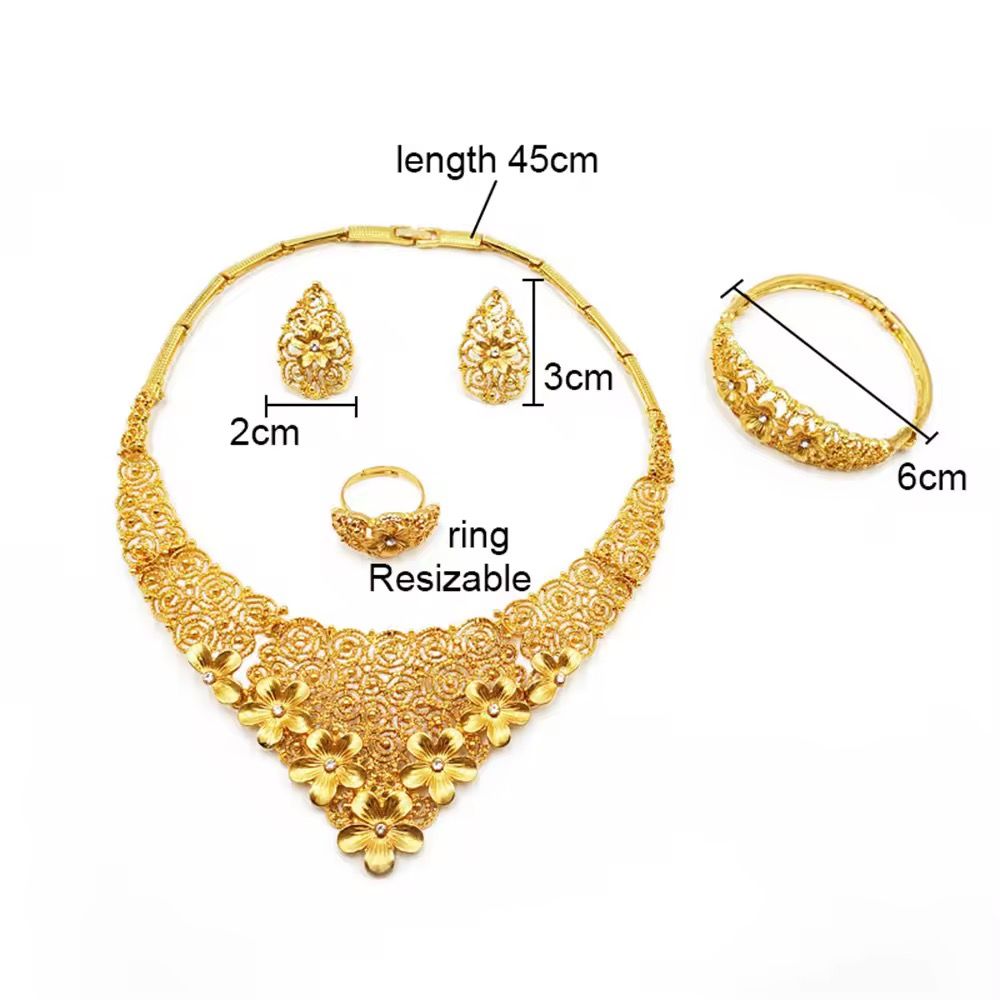 Dubai Gold Jewellery Sets African Bridal Necklace Earring Ring Bracelet Saudi Arabia Women Wedding Jewelry Set_4