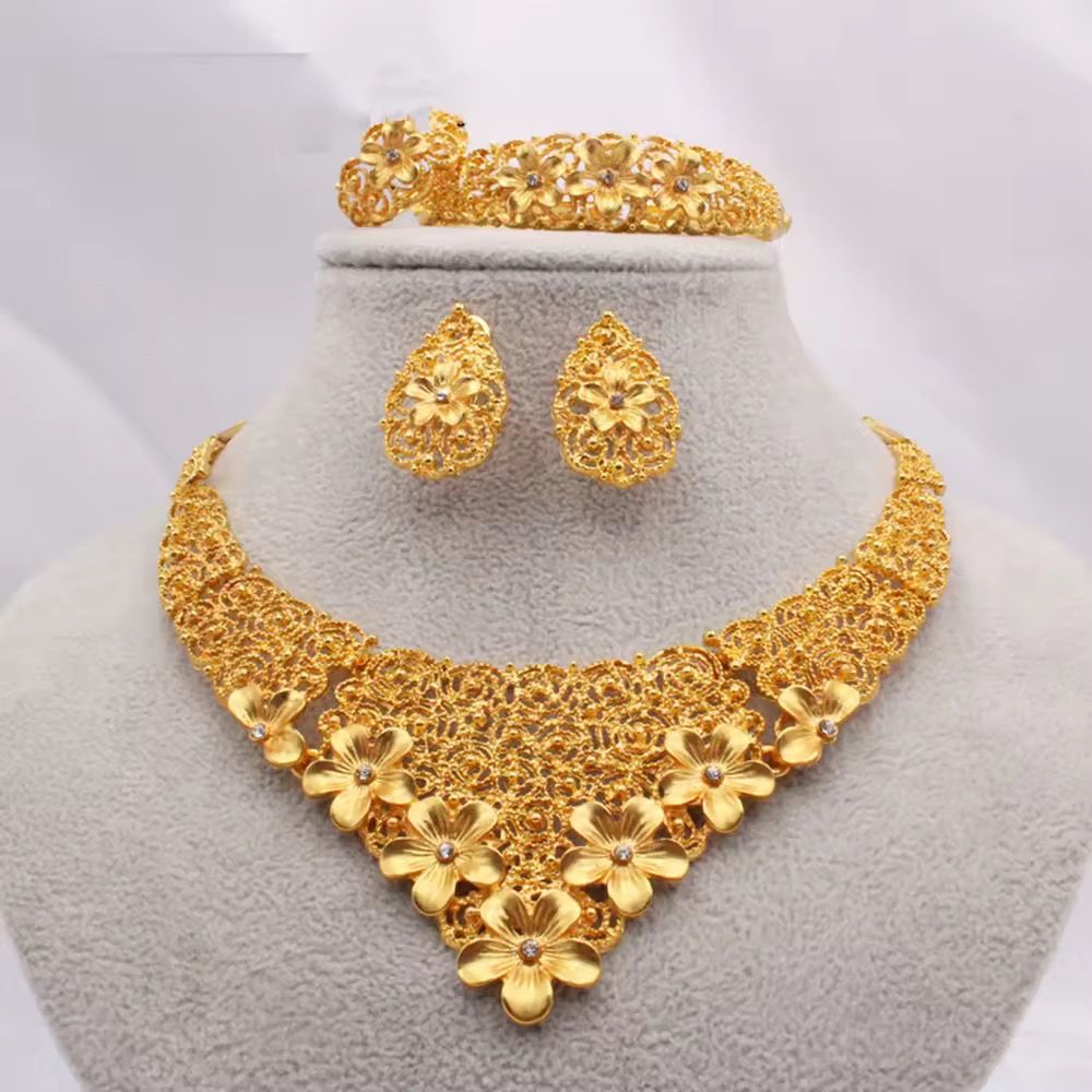 Dubai Gold Jewellery Sets African Bridal Necklace Earring Ring Bracelet Saudi Arabia Women Wedding Jewelry Set_3