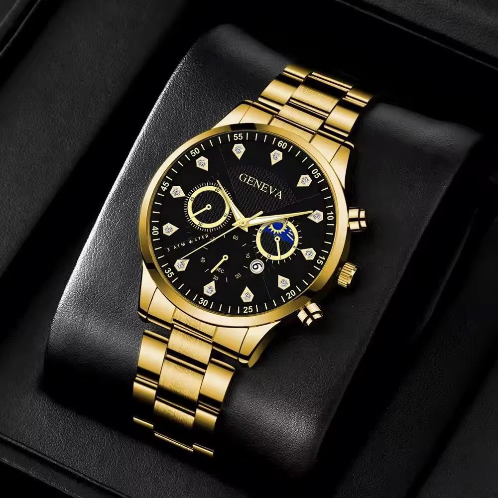 Y902 Latest Diamond Watch and Chain Set for Men Date Gold 2pcs Steel Luxury Men's Business Watches & Bracelet_2