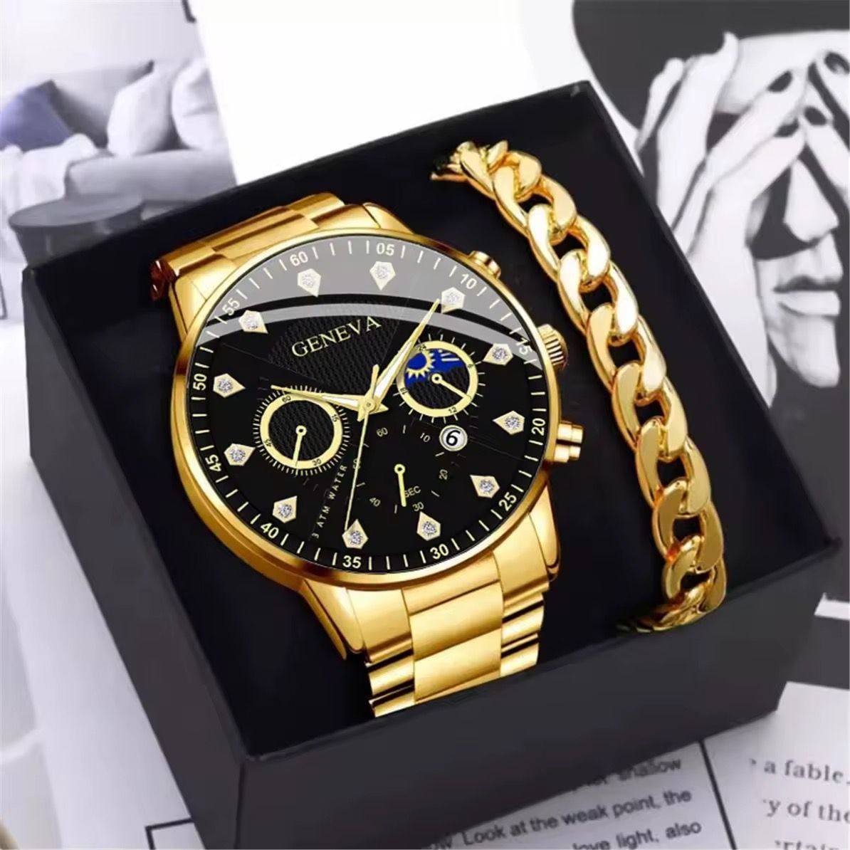 Y902 Latest Diamond Watch and Chain Set for Men Date Gold 2pcs Steel Luxury Men's Business Watches & Bracelet_1