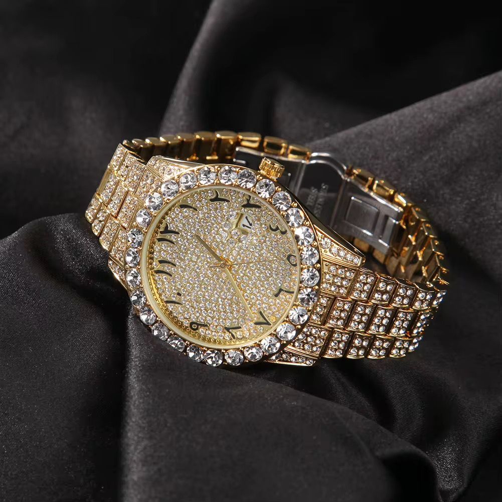 Full Diamond Luxury Watch Men Hip Hop Iced Out Watch Men Gold Quartz Swash Digital Large Dial Stainless Steel Relogio_2