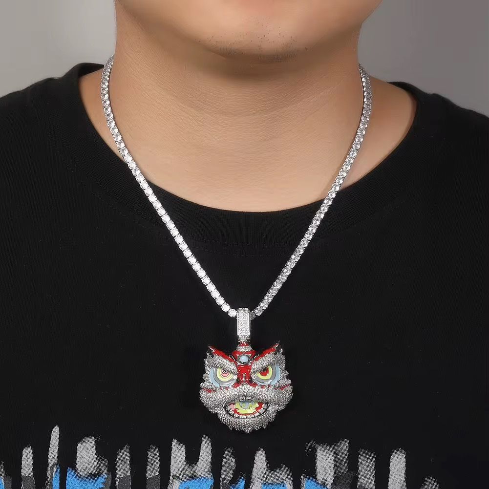 New Arrival Cartoon Pendant Lion Awakening Necklace Hip Hop Colorful Dripping Oil Rapper Man Jewelry_3