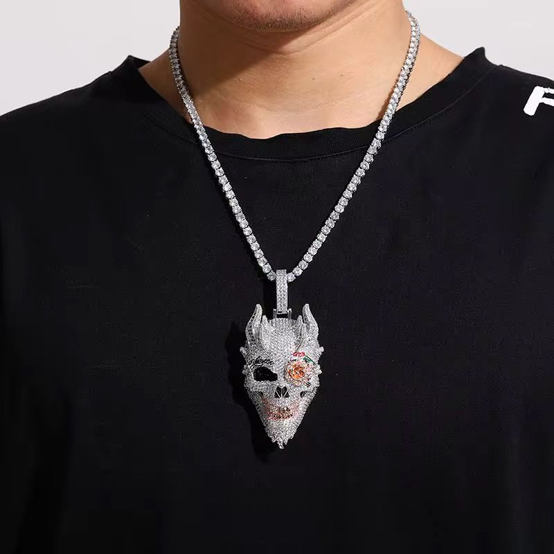 Personality Necklace Hip Hop Demon Skull Rose Flower Eye Pendant Copper Micro Inlaid 3A Zircon Iced Out Jewelry_3