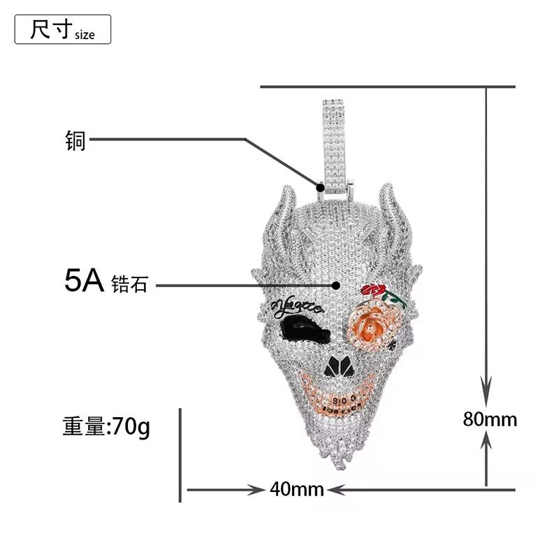 Personality Necklace Hip Hop Demon Skull Rose Flower Eye Pendant Copper Micro Inlaid 3A Zircon Iced Out Jewelry_2