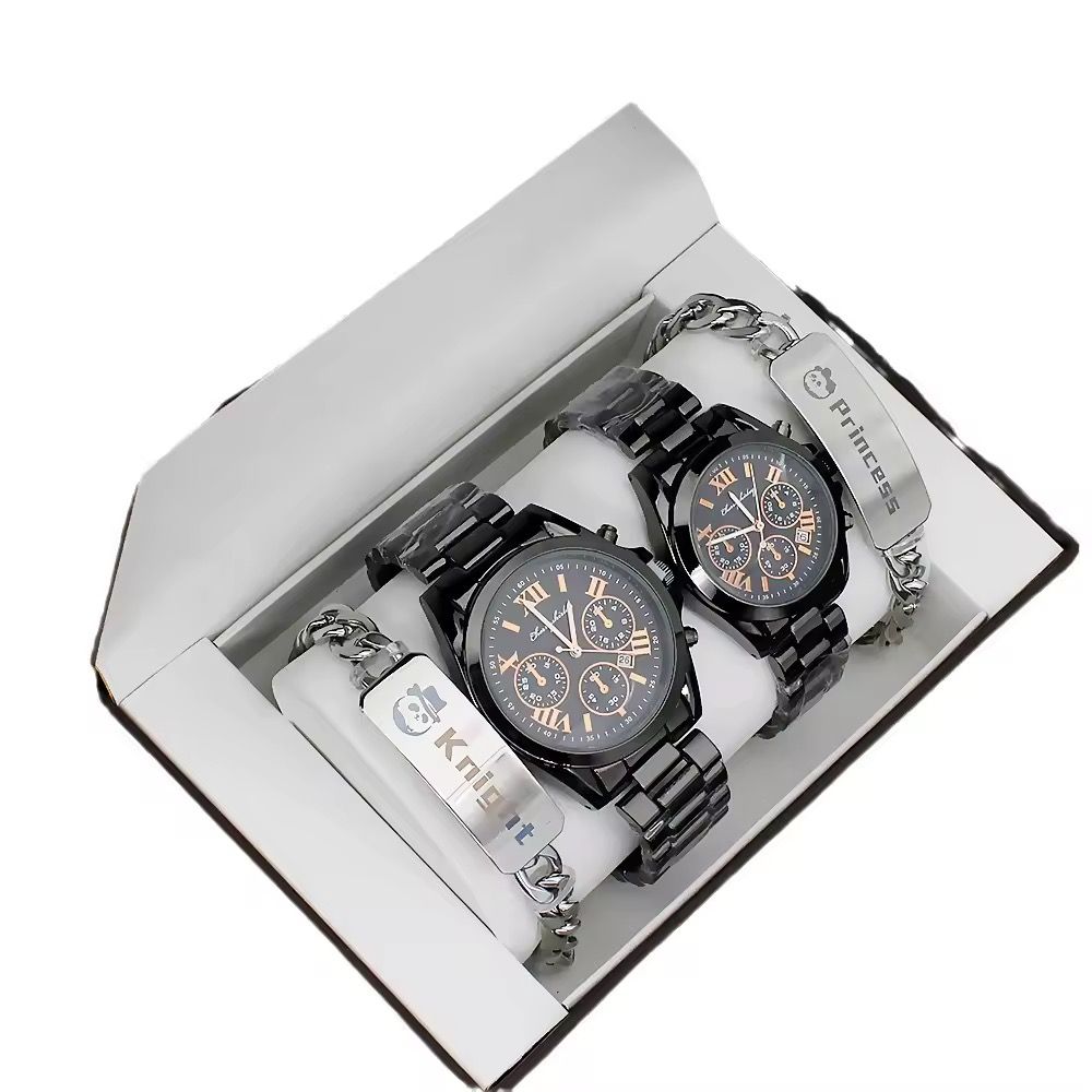 Beautiful Couple Watch Gift Set Black Watch High Quality Stainless Steel Bracelet Creative Gift Quartz Watch for Men and Women_3