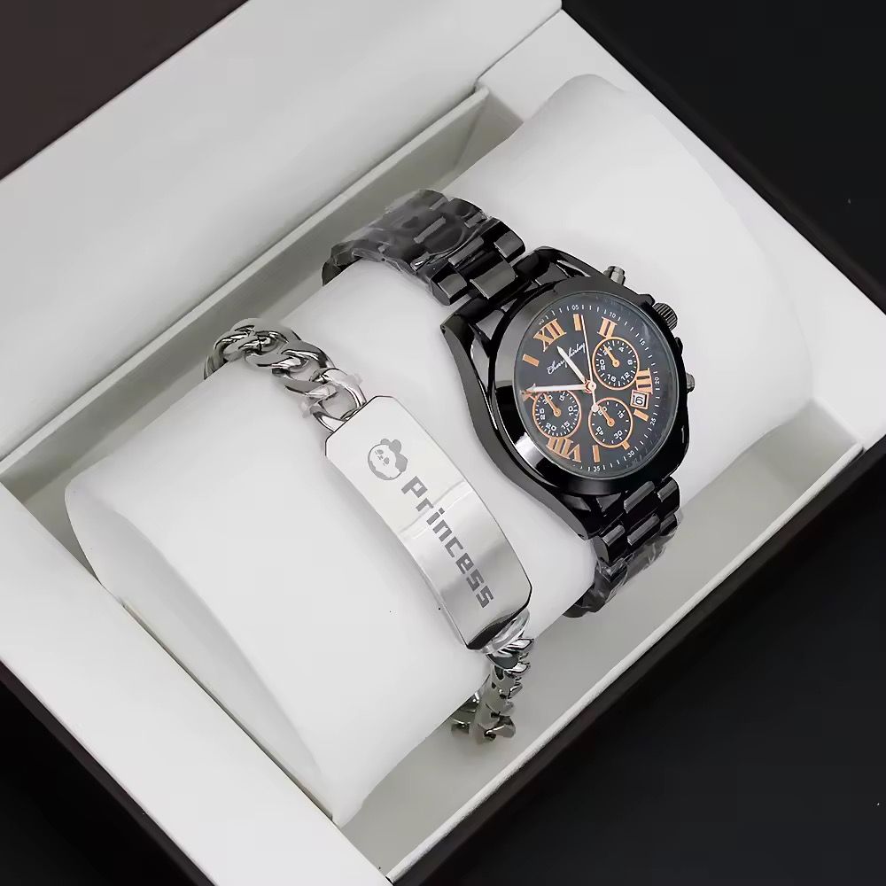 Beautiful Couple Watch Gift Set Black Watch High Quality Stainless Steel Bracelet Creative Gift Quartz Watch for Men and Women_2