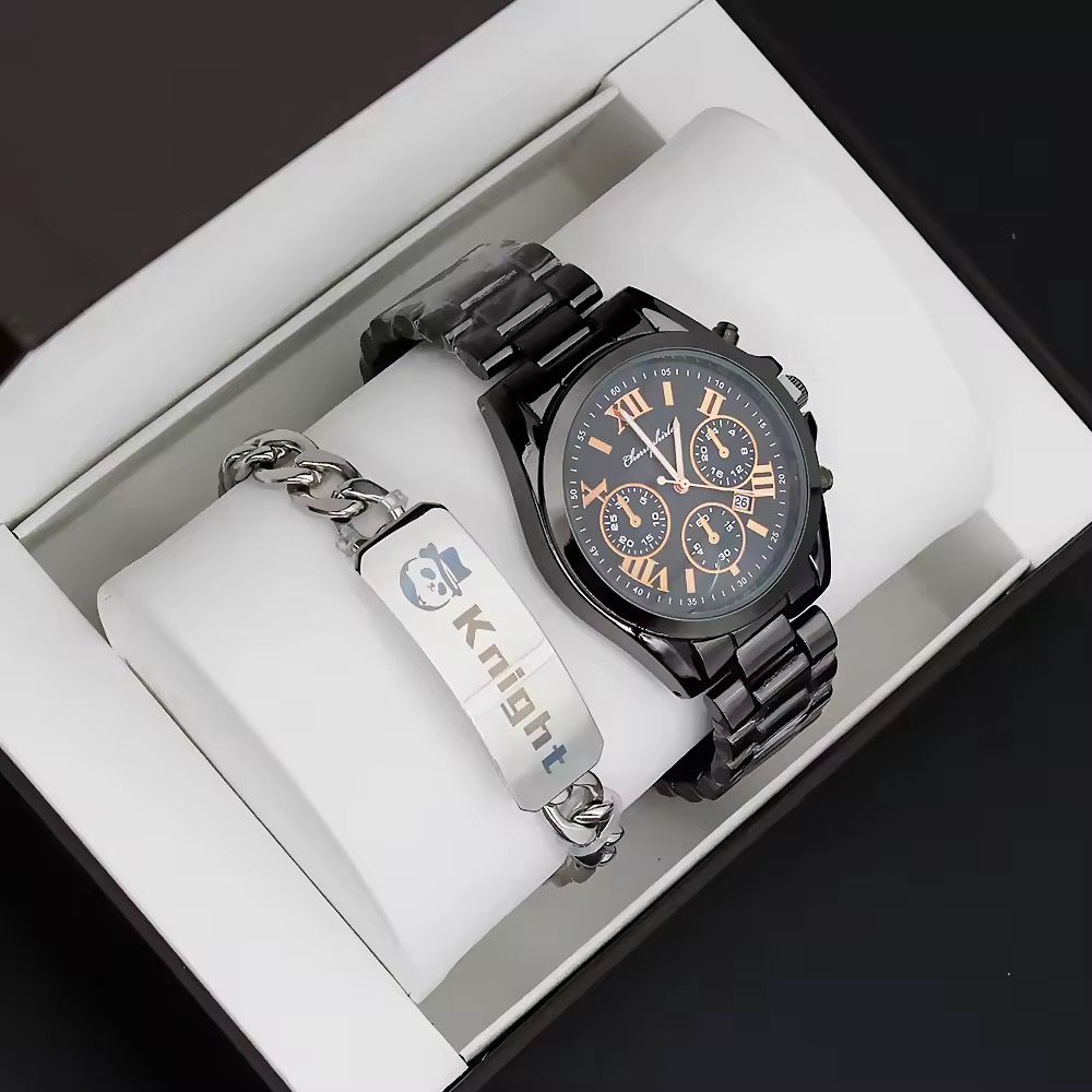 Beautiful Couple Watch Gift Set Black Watch High Quality Stainless Steel Bracelet Creative Gift Quartz Watch for Men and Women_1