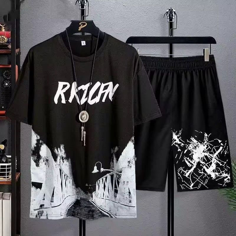 Men's Summer T-shirt Suit Casual Thin Print Sports Jogger Short Sleeve Top Shorts 2 Piece US Men One Outfit Sportswear 2Pcs Set_1