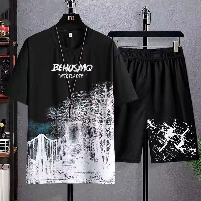 Men's Summer T-shirt Suit Casual Thin Print Sports Jogger Short Sleeve Top Shorts 2 Piece US Men One Outfit Sportswear 2Pcs Set_3
